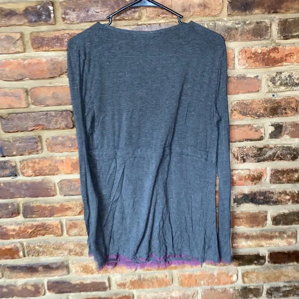 Simply Vera Wang Gray Purple Trim Tie Waist Long Sleeve Top Women's Size Small